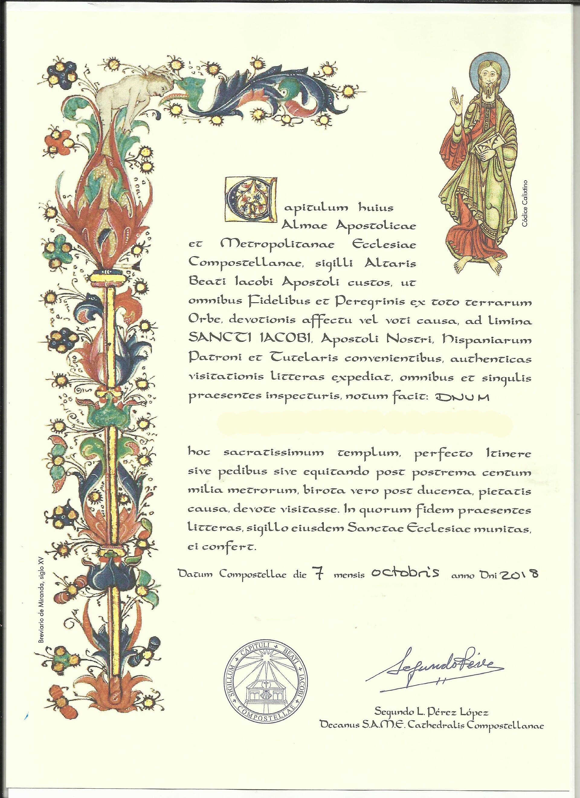 Certificado Compostela en latín, con orla medieval, la imagen del apóstol Santiago y el sello del Cabildo de la Catedral