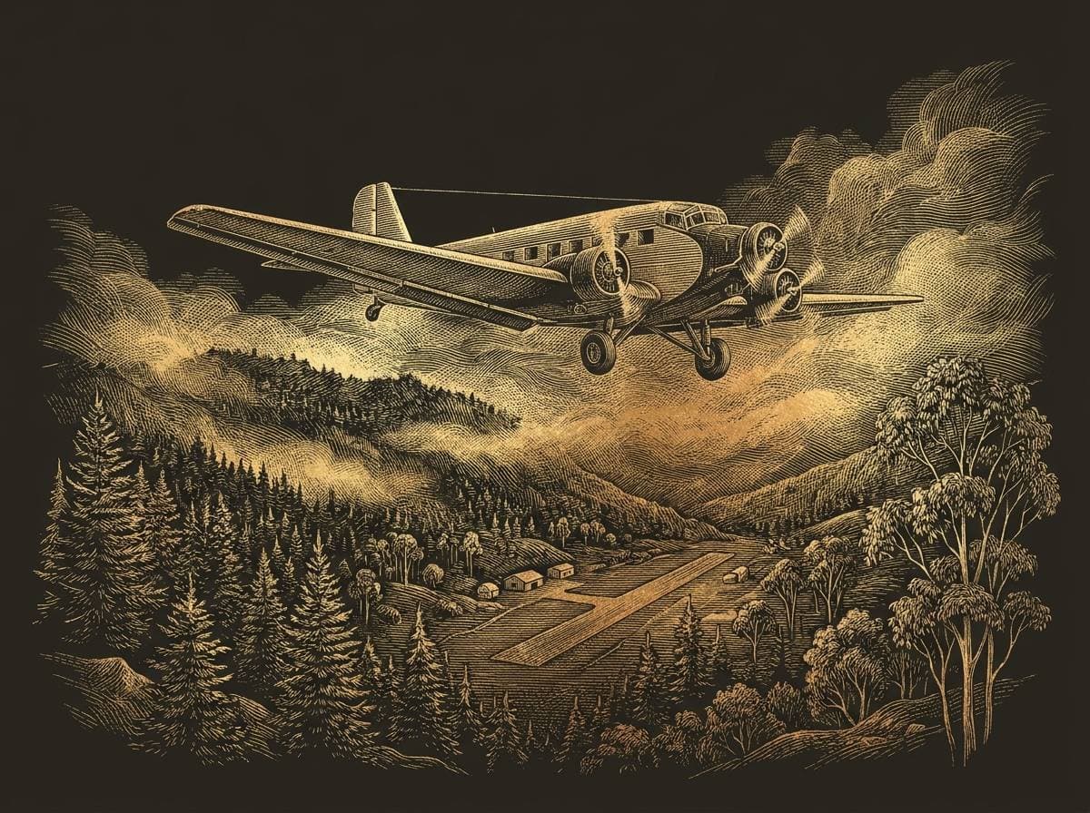 Avión descendiendo sobre los bosques de Lavacolla, grabado dorado