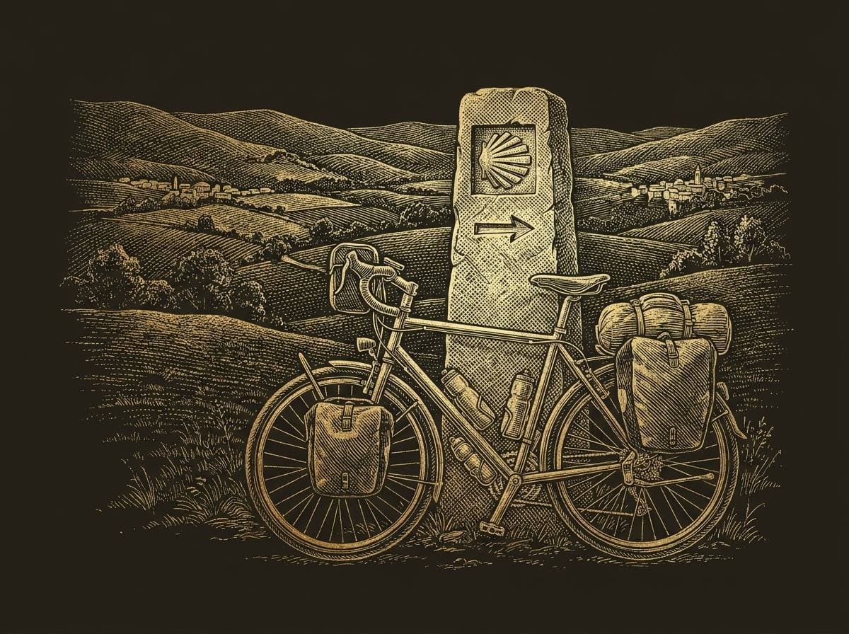 Bicicleta de peregrino apoyada en un mojón del Camino, grabado dorado