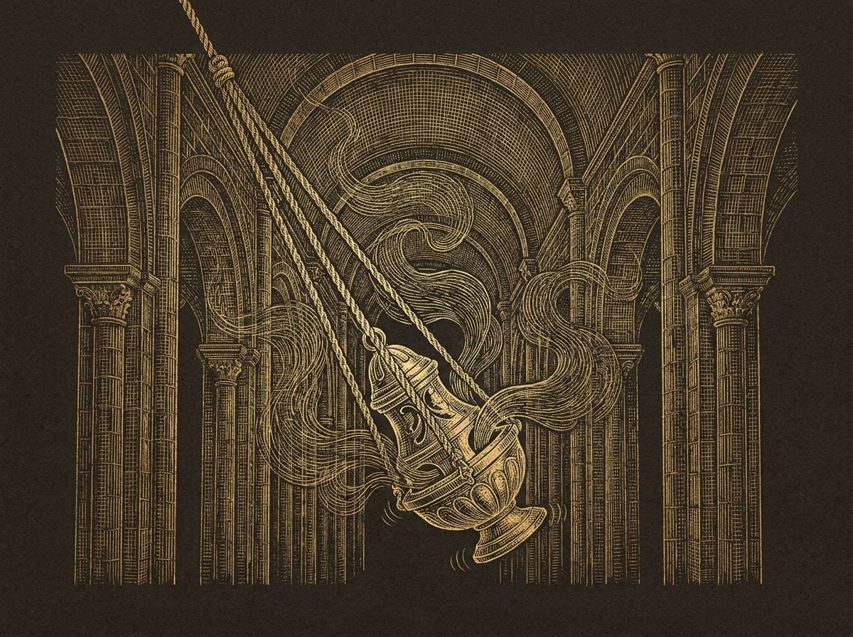 El botafumeiro volando en la nave de la Catedral, grabado dorado