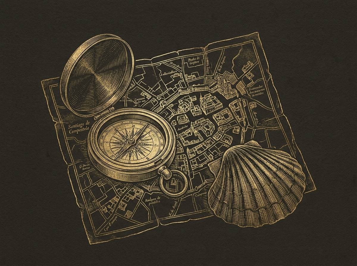 Brújula antigua sobre un plano del casco histórico, grabado dorado