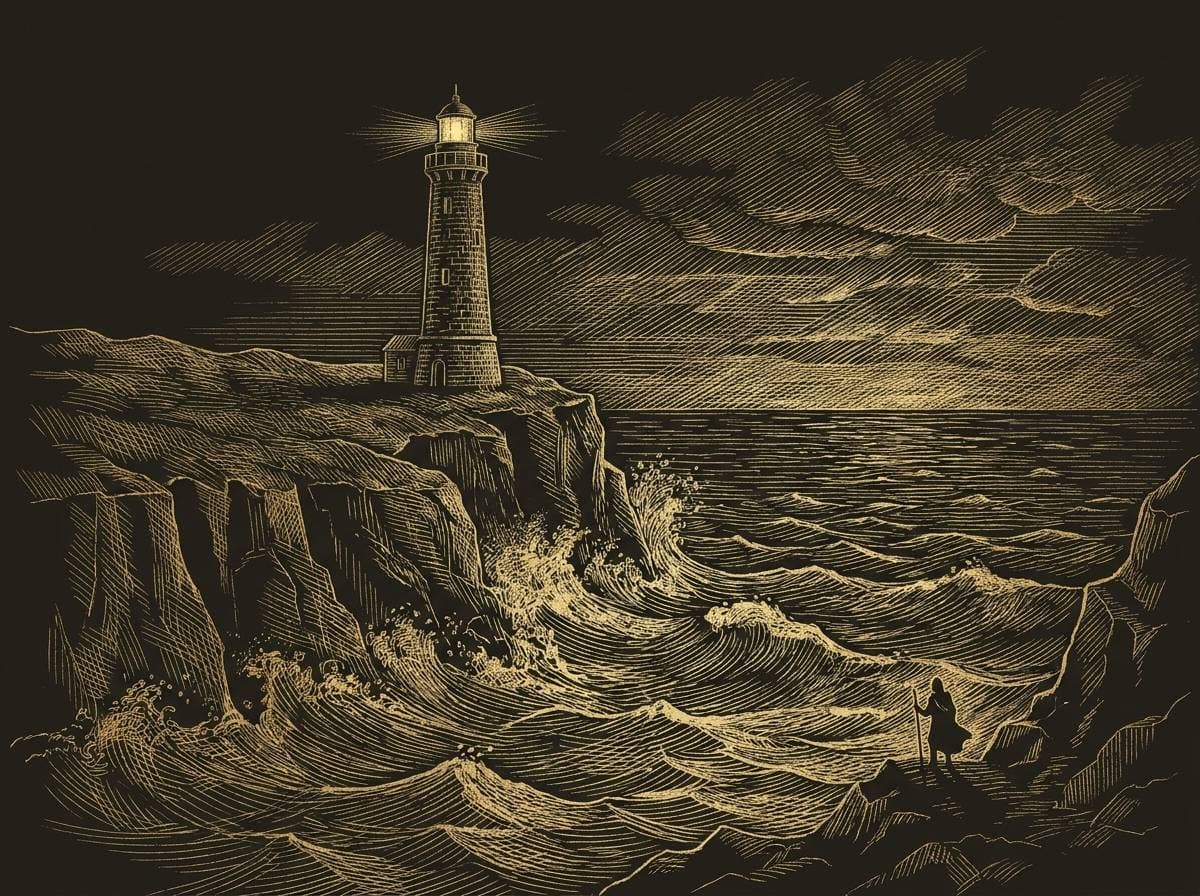 El faro de Fisterra sobre los acantilados del Atlántico, grabado dorado