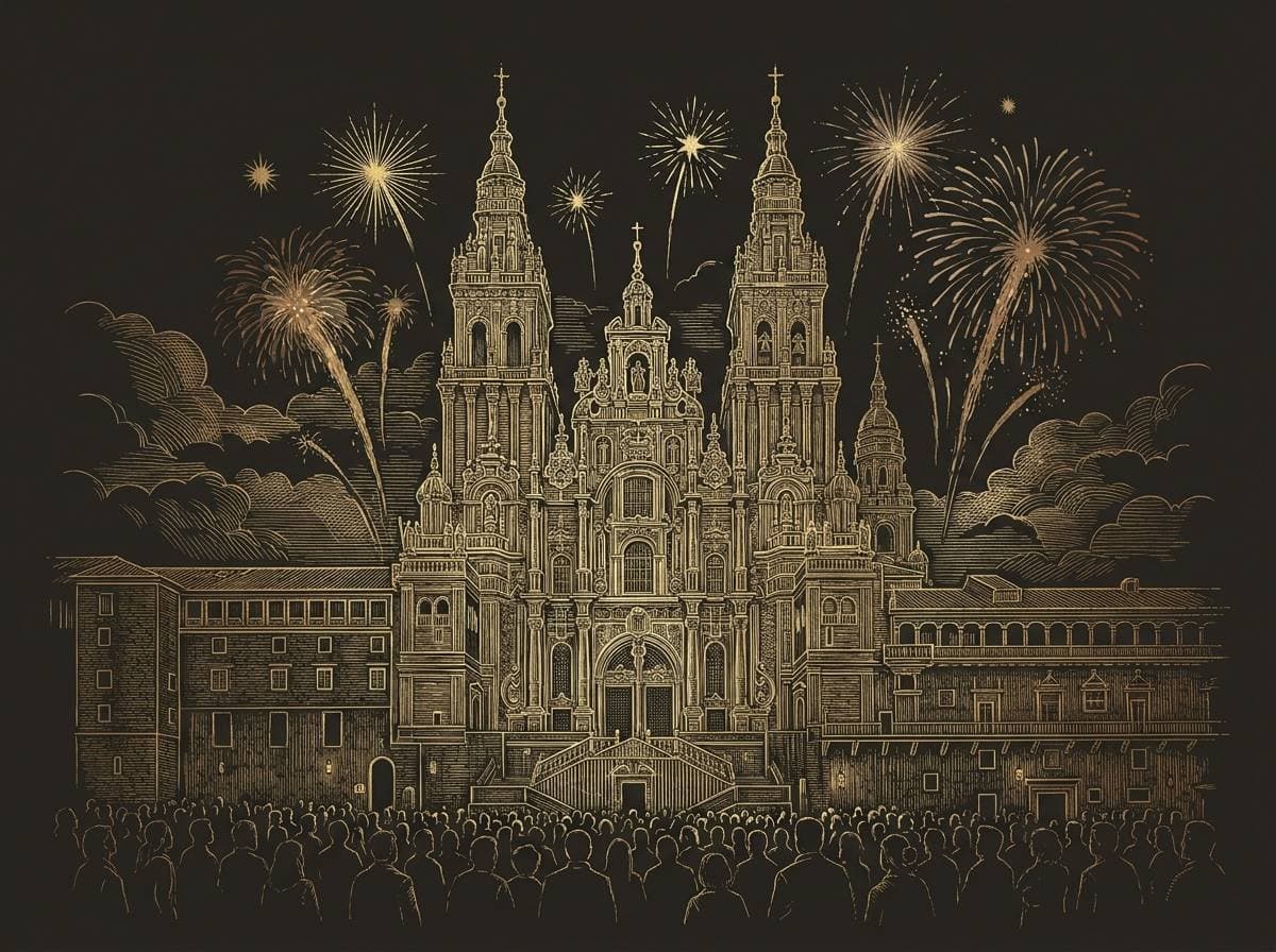 Fuegos del Apóstol sobre la fachada de la Catedral, grabado dorado