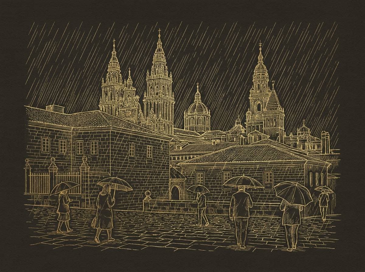 Lluvia y paraguas sobre los tejados de Santiago, grabado dorado
