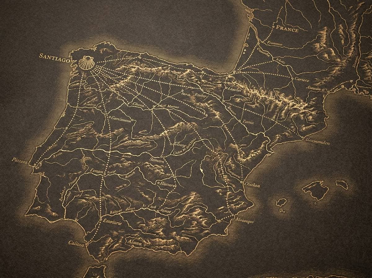 Mapa antiguo con las rutas del Camino convergiendo en Santiago, grabado dorado