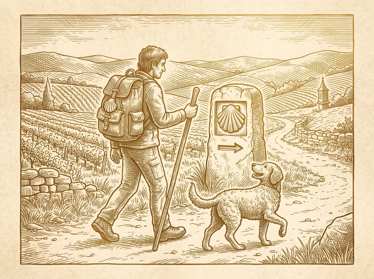 Peregrino con mochila y bastón caminando junto a su perro ante un mojón del Camino, grabado dorado