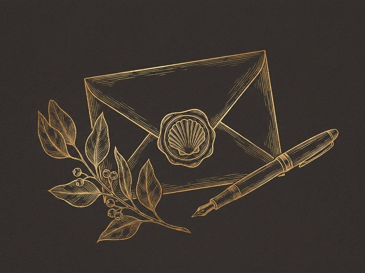 Sobre lacrado con una vieira y pluma estilográfica, grabado dorado