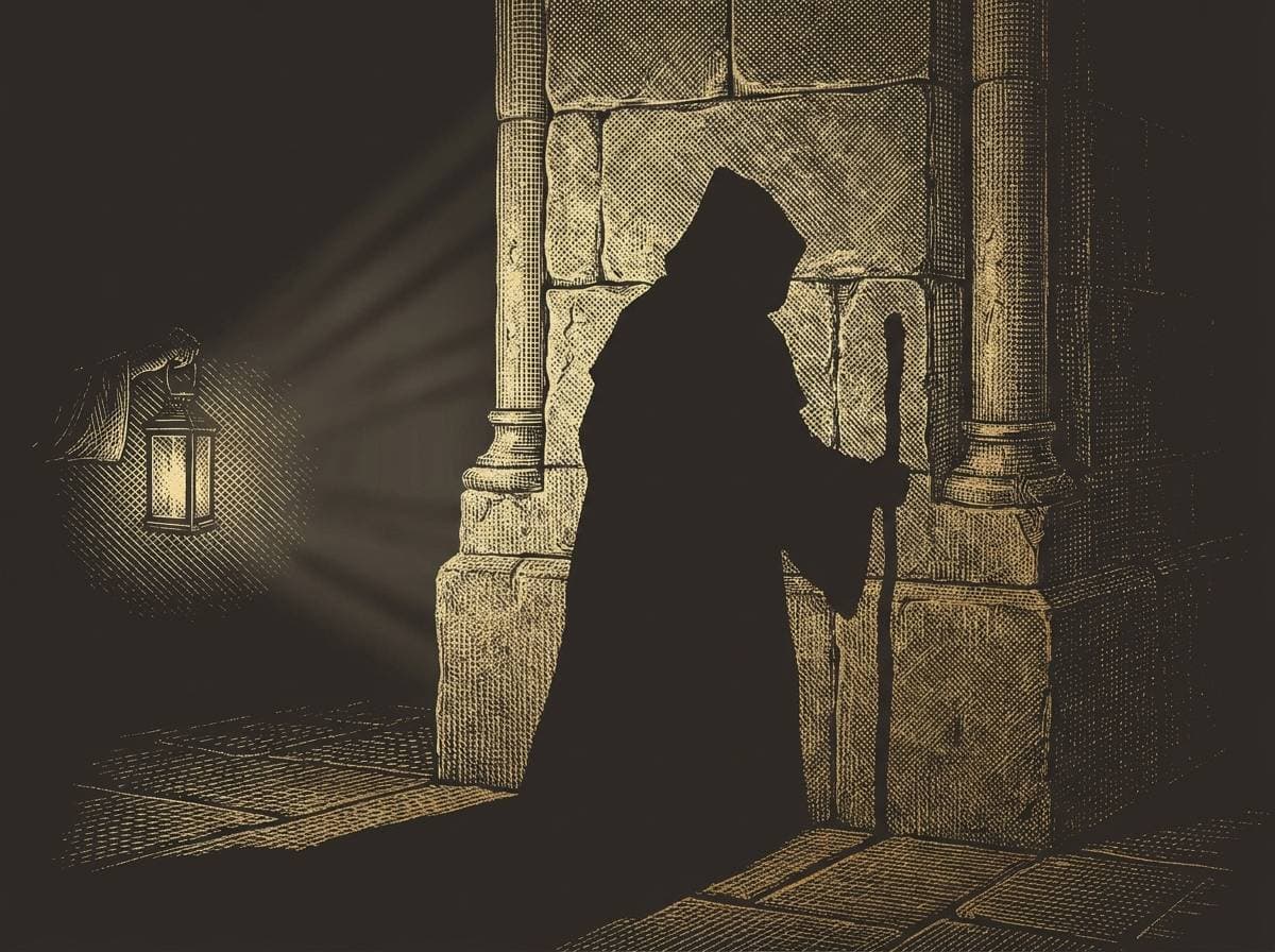 La sombra del peregrino en la Praza da Quintana de noche, grabado dorado