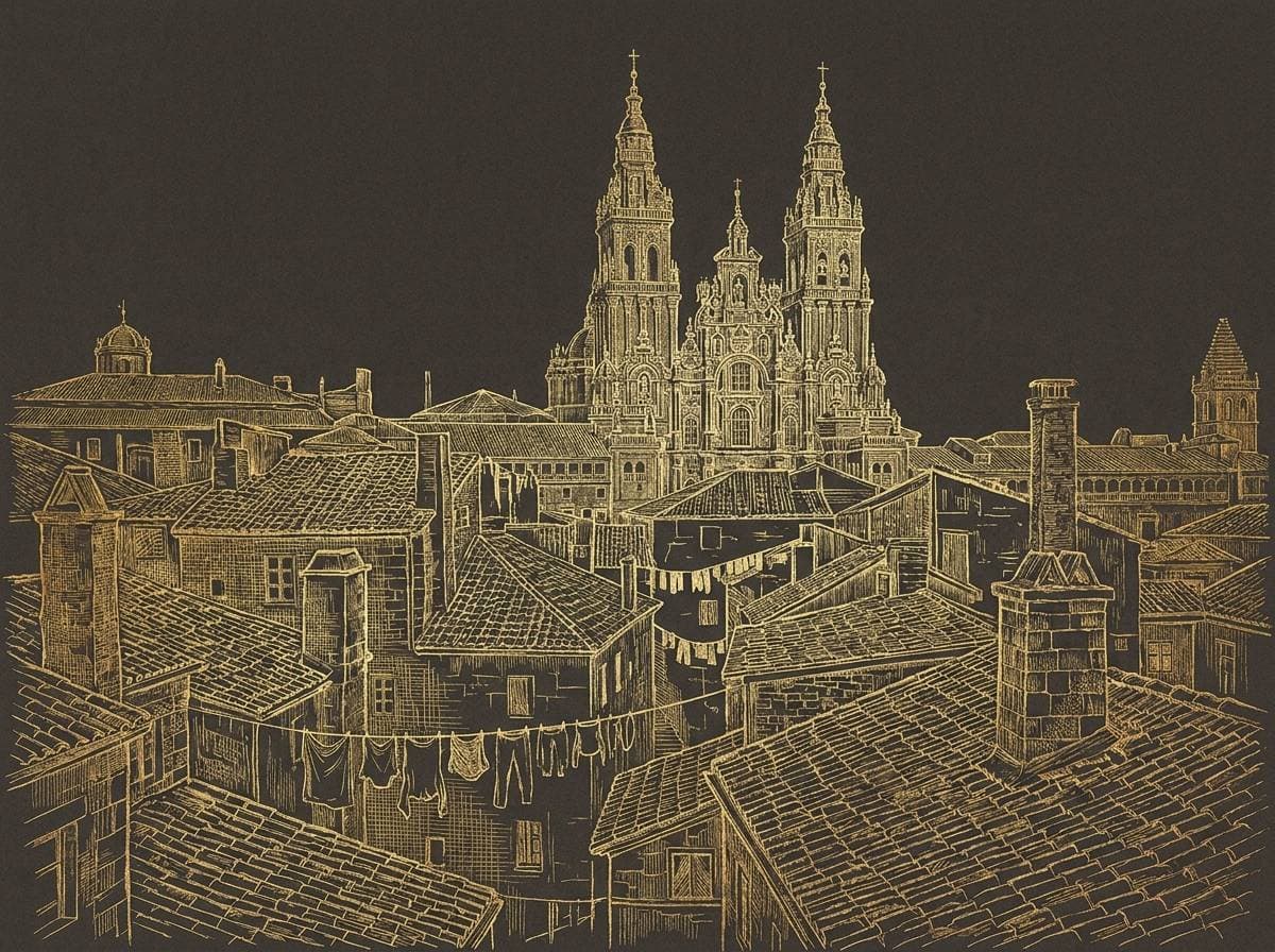 Tejados y chimeneas del casco histórico de Santiago, grabado dorado