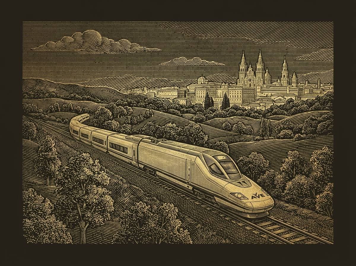Tren AVE llegando a Santiago entre colinas gallegas, grabado dorado